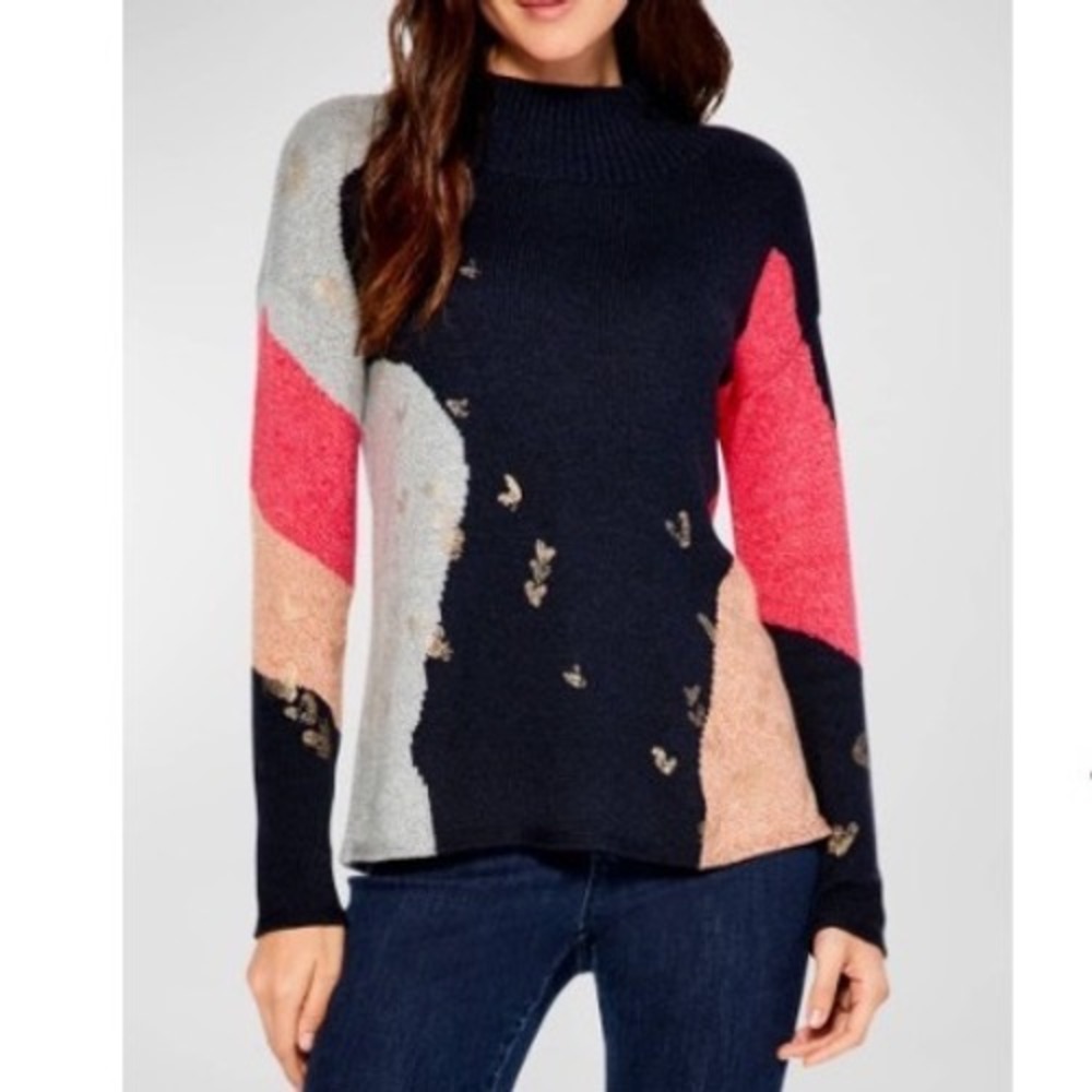 NIC+ZOE Glowing Embers Mock Neck Sweater MP Colorblock Artsy Knit  Abstract